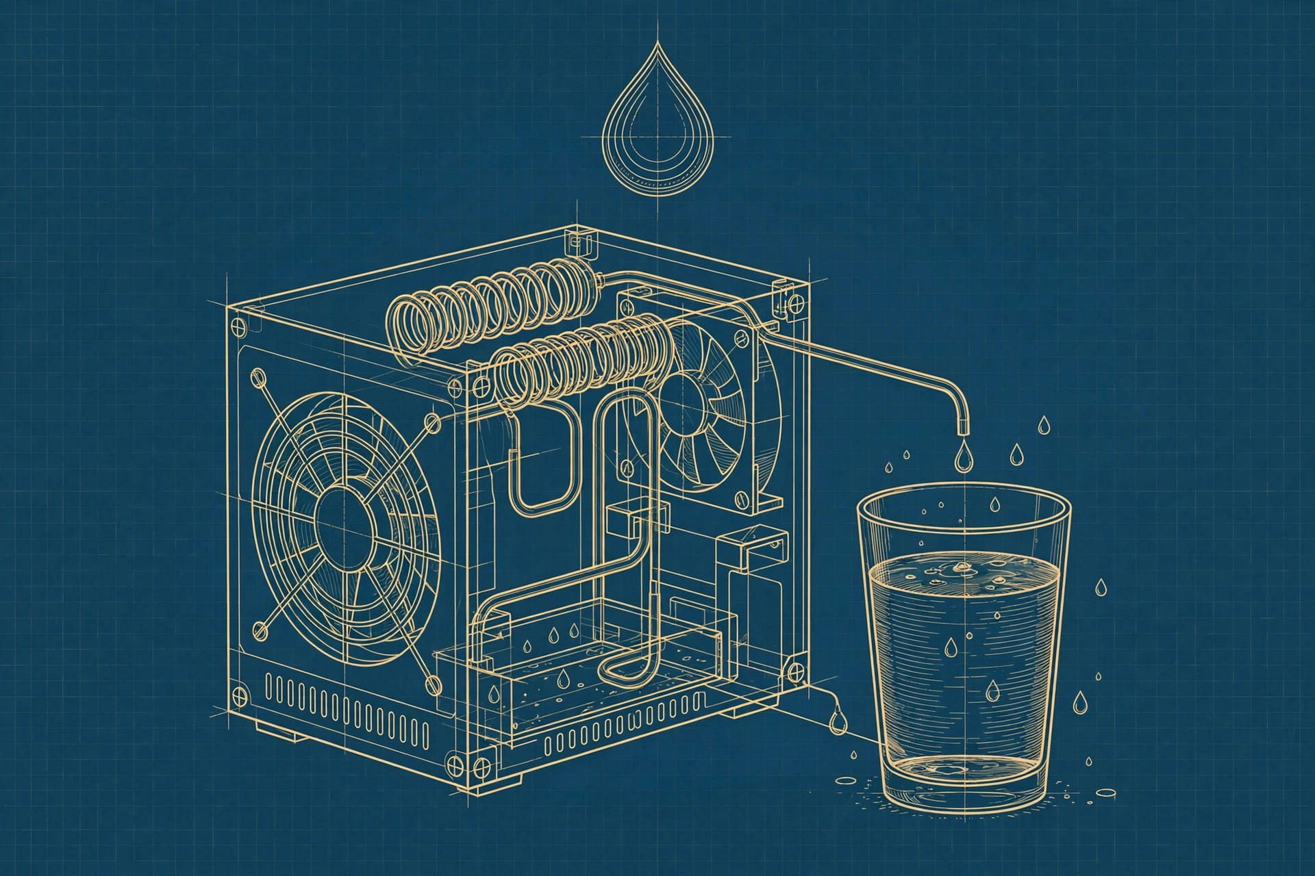 Blueprint-style illustration of a DIY home water generator device with cooling coils and a glass of water